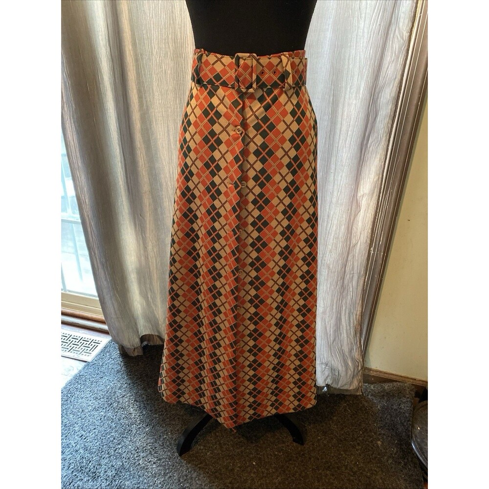 Vintage Dutchmaid Maxi Green orange tan Argyle Skirt With belt
